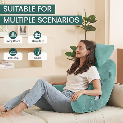 Unisakey Portable Reading Pillows with Headrest for Bed Sitting Up(Lake Blue Oeko-Tex), Velvet Back Pillow with Arms & Pockets for Adults, Support Memory Foam Bed Pillow for Dorm/Watching/Gaming