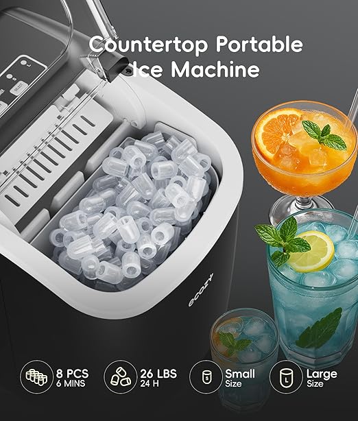 ecozy Portable Ice Makers Countertop, 8 Cubes in 6 Mins, Bullet Ice Maker