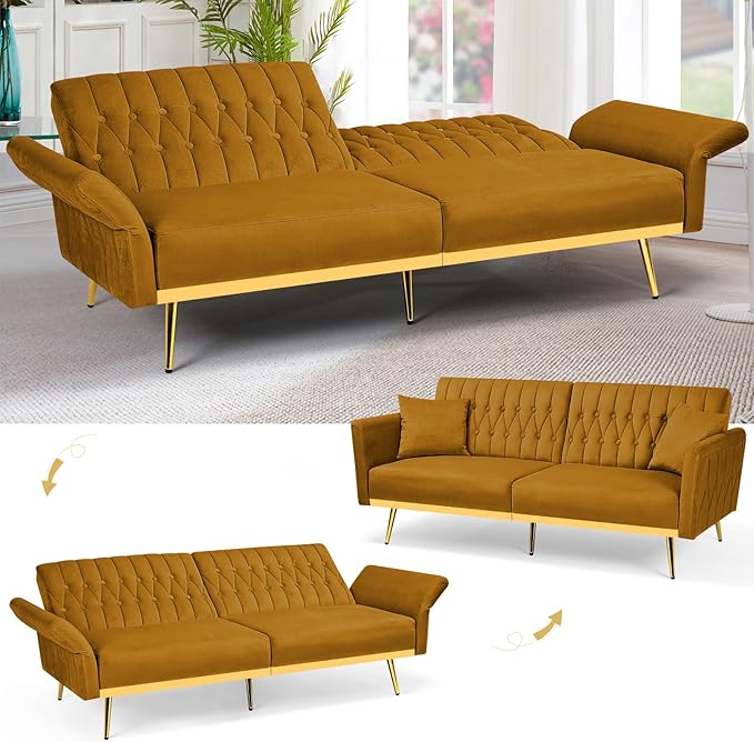 70” Velvet Futon Sofa Bed with 2 Pillows and Adjustable Armrests, Convertible Sleeper Bed W/Adjustable Backrests, Modern Loveseat for Living Room, Bedroom, Ginger