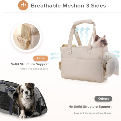 Dog Carriers for Small Dogs, Soft Sided Folding Small Dog Carrier for Dogs Medium Cats Puppies up to 13 Lbs, Washable Breathable Puppy Carrie Carrier for Outdoor Travel (Small Beige)
