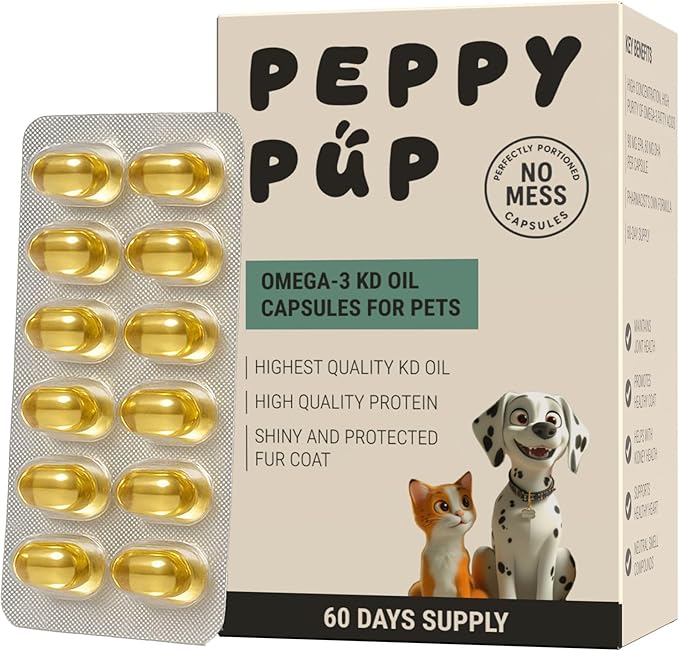 Peppy Pup Omega-3 KD Oil Capsules for Pets, Omega 3 for Dogs and Cats, Fish Oil for Dogs and Cats, Pet Vitamins and Supplements, Pet Fish Oil, Supports Healthy Heart, Dog Coat Defense, 60 Day Supply