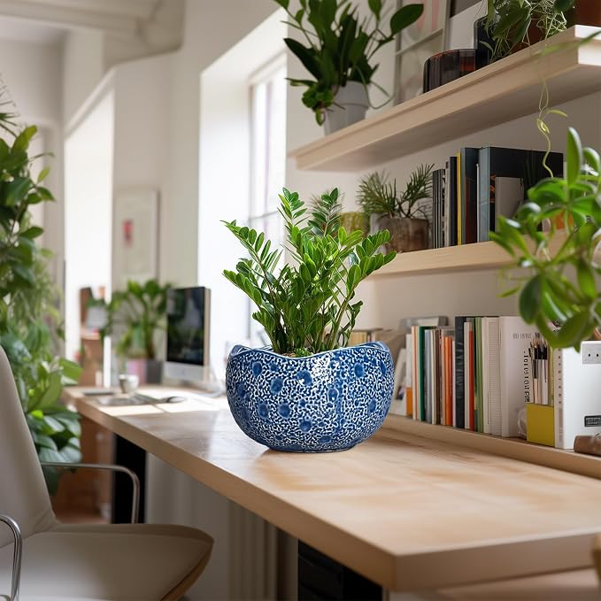 10 Inch Plant Pot - Ceramic Pots for Plants Indoor Outdoor, Round Bonsai Pots with Drainage Hole, Decorative Flower Pot, Modern Unique Planters, House Decor, Housewarming Gifts, Blue