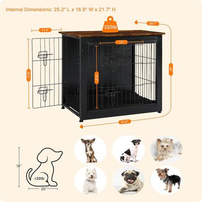DWANTON Dog Crate Furniture with Cushion, Wooden Kennel Table with Double Doors, Indoor Dog House, Small/Medium/Large Size, 27.2" L, Black+Rustic Brown