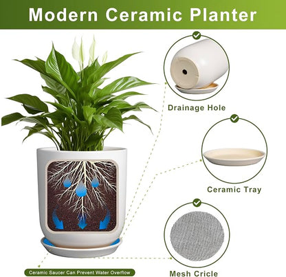 Plant Pot 12 inch - Ceramic Pot for Plants Indoor Outdoor Large Planter Pot with Drainage Hole and Saucer Mid-Century Modern Flower Pot Cylinder White