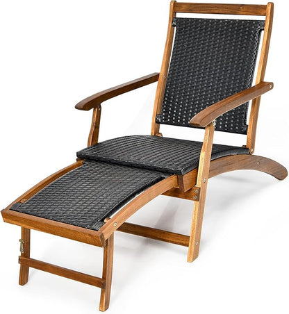 RELAX4LIFE Patio Chaise Lounge Chair - Acacia Wood Folding Rattan Wicker Chair w/Retractable Footrest, Space-Saving Ergonomic Deck Chair for Garden, Poolside, Patio