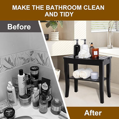 VVW 19 Inch 2-Tier Bamboo Shower Bench - Bathroom Bench Seat with Storage Shelf, Wooden Spa Seat with Non-Slip Feet Bath Stool for Adults Women Elderly, (Black)