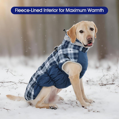 FUAMEY Dog Coat for Large Dogs,Waterproof Dog Winter Jacket with Harness Built in Puppy Cold Weather Coats Reflective Pet Vest with Zipper Warm Fleece Dogs Snowsuit Windproof Blue Plaid XL