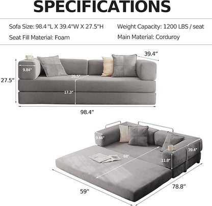 98.4''Convertible Sleeper Sofa Bed,Compressed Floor Boneless Couch,Modular Modern Corduroy Sofa for Living Room Bedroom -with Fixed-Shape Frame and Support Armrest,Easy Assembly(Grey)