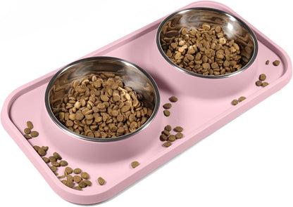 Cat Food Bowls, Cat Bowls Non-Skid and Non-Spill Silicone Pads with PP Stand, Removable Stainless Steel Food and Water Dishes for Cats, Small Size Dogs