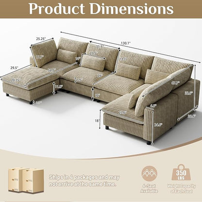 130" W x 67" D U Shape Sectional Sofa with USB Charging & Cup Holder & Storage, 6 Seater Plush Corduroy Couches with Movable Ottoman, Cloud Couch Sofas for Living Room, DIY Combination - Light Camel