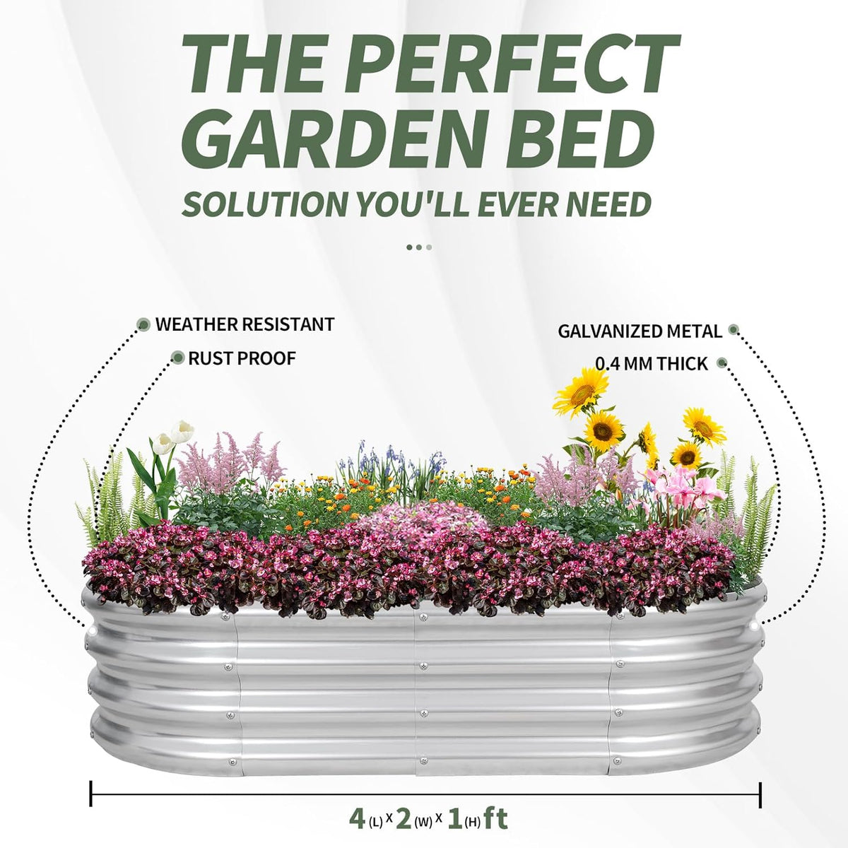 1MORE Galvanized Raised Garden Bed- Planter Garden Boxes Outdoor, Raised Beds for Gardening, 4x2x1ft Metal Garden Bed Kit for Vegetables Flower, Planter Raised Bed with Protective Tape & Tools.Silver