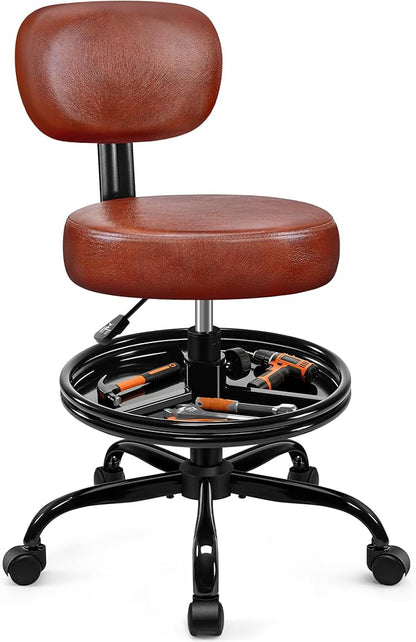 Shop Stool with Wheels for Garage, Mechanics Rolling Chair with Backrest, Adjustable Height Heavy Duty Garage Stool with Footrest and Storage Tray, Swivel Task Chair for Workshop Kitchen Salon