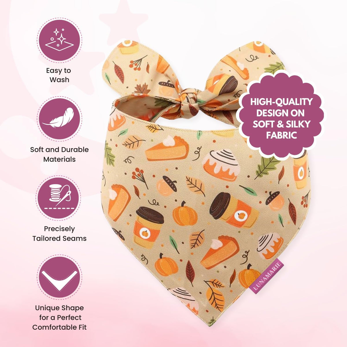 LunaMarie - Luxury Pet Birthday Bandanas -Premium & Silky Poly Fabric | 100% Handmade | Custom Shape Dual Layered (Fall Sweets, Medium)