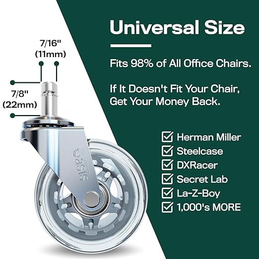 The Office Oasis Original Roller Style Office Chair Wheels (As Seen On PBS) - Smooth & Quiet Casters - Safe for Hardwood Floors & Carpet - Easy Install with Universal Fit - Set of 5 - Silver