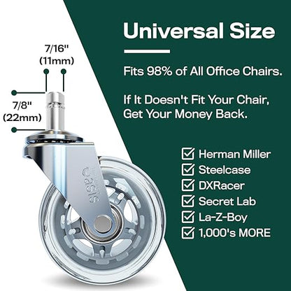The Office Oasis Original Roller Style Office Chair Wheels (As Seen On PBS) - Smooth & Quiet Casters - Safe for Hardwood Floors & Carpet - Easy Install with Universal Fit - Set of 5 - Silver