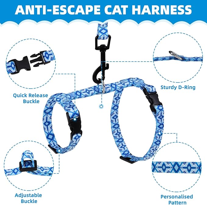 PAWCHIE Cat Harness and Leash Set, Cats Escape Proof-Adjustable Kitten Harness Lightweight Soft Outdoor Walking Travel Pet Safe Harness, Puppy Harness for Girl Cats Bunny Rabbit Small Dog, Blue S