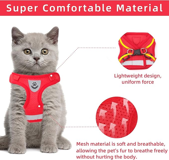 Cat Vest Harness and Small Dog Vest Harness for Walking, All Weather Mesh Harness, Cat Vest Harness with Reflective Strap, Step in Adjustable Harness for Small Cats (Red, Medium (Pack of 1))