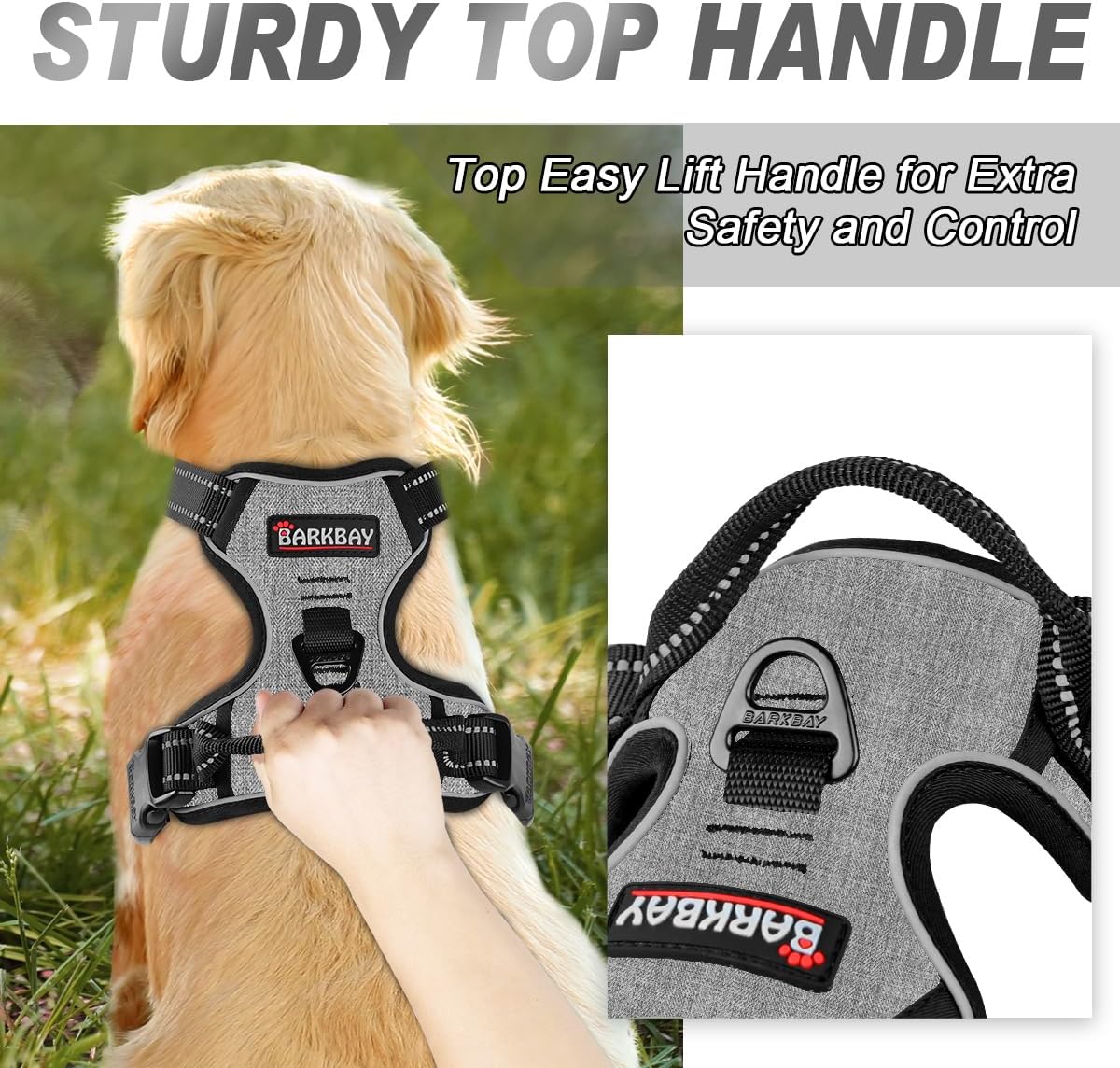 BARKBAY No Pull Dog Harness Front Clip Heavy Duty Reflective Easy Control Handle for Large Dog Walking(Dark Grey,M)