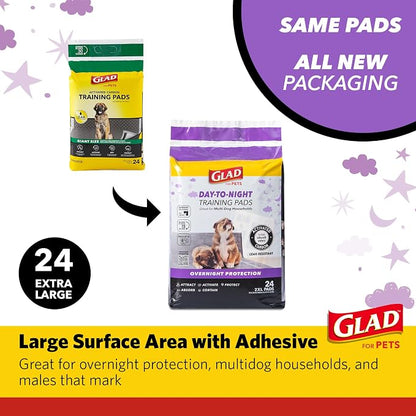 Glad for Pets Giant Activated Carbon Training Pads, 30 x 36 In, 24 Ct, 2-Pk | Adhesive backing and wall protection for leak-proof, super-absorbent day-to-night coverage