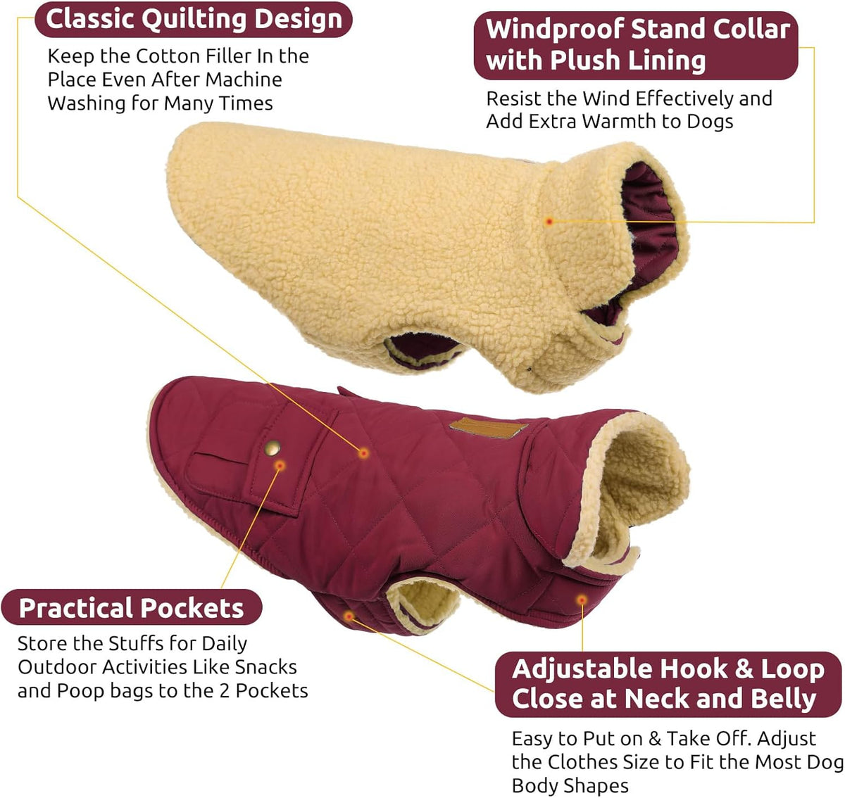 Queenmore Dog Winter Coat Warm Puffer Jacket Waterproof Plush Lining Thermal Cold Weather Vest for Small Medium Large Dogs, Windproof Easy On Pet Jacket Burgundy XL