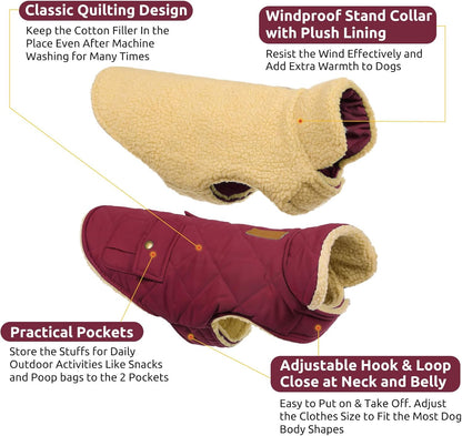 Queenmore Dog Winter Coat Warm Puffer Jacket Waterproof Plush Lining Thermal Cold Weather Vest for Small Medium Large Dogs, Windproof Easy On Pet Jacket Burgundy XL