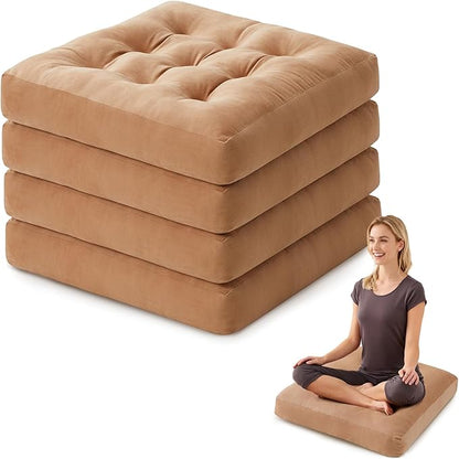 SM-XLHN Meditation Floor Pillow Set of 4, Square Large Pillows Seating for Adults, Meditation Cushion Pillow,Tufted Corduroy Cushion for Tatami Living Room or Yoga, Coffee, 22x22 Inch
