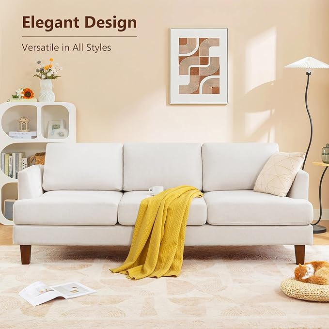 3 Seater Sofa Couch with Deep Seats, 89" Mid Century Modern Upholstered Sofa with Armrests, Comfy Couches for Living Room, Bedroom, Apartment and Office (Beige)