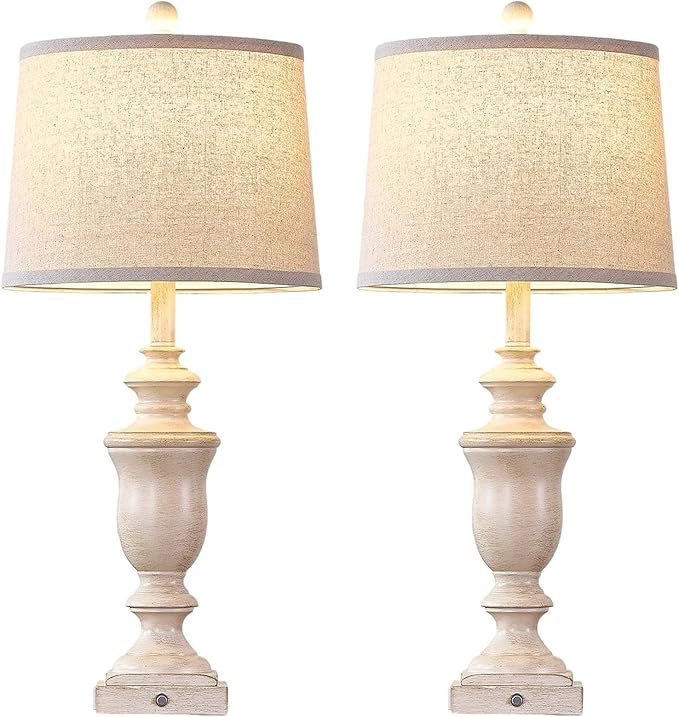 27.5" Set of 2 Farmhouse Table Lamps for Bedroom, 3 Way Dimmable Bedside Lamp with 2 USB +AC Outlet Nightstand Lamps for Living Room Resin Rustic Touch Lamps (Antique Beige)