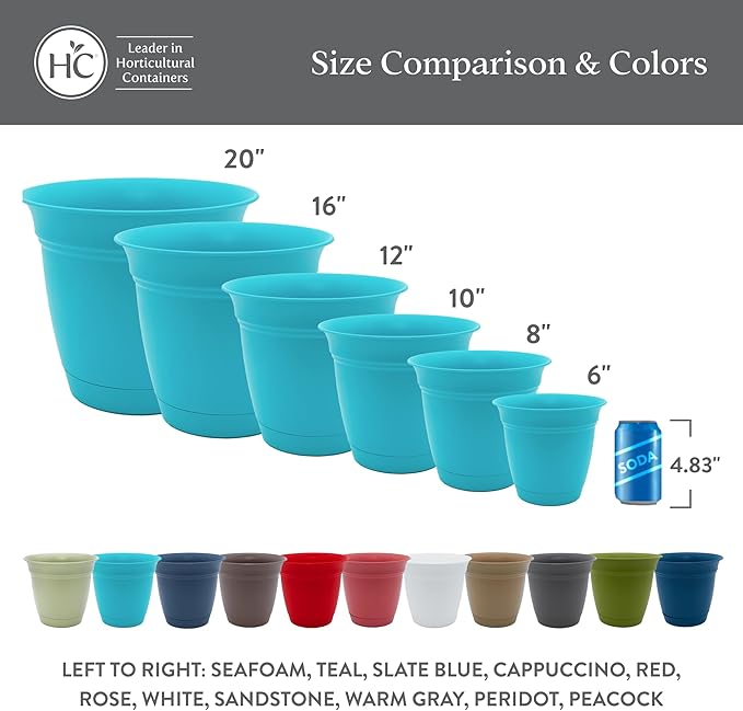 The HC Companies Eclipse Round Planter with Saucer - Outdoor & Indoor Plant Pot with Drainage Holes - Lightweight, UV-Resistant Plastic Pots for Plants, Flowers & Herbs (16" Warm Gray, Pack of 1)
