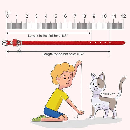 PUPTECK 2 PCS Soft Genuine Leather Cat Kitten Collar with Bells Adjustable for Girl Boy Cats Puppy - Red, Silvery