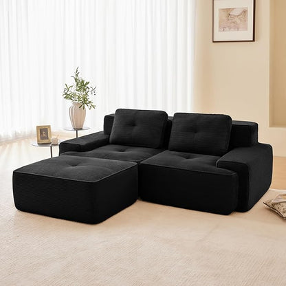80" Modern Corduroy Boneless Love Seat Couches with 1 Ottoman, 2 Seater Large Sectional Couches for Living Room, Black Cloud Modular Sectional Sofa, Memory Foam, Extra Deep Loveseat, No Assembly