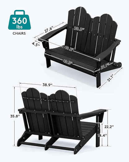 SERWALL 3 Pieces Patio Adirondack Bench Set, 2 Folding Adirondack Bench and 1 Coffee Table Set for Front Porch Garden Balcony Backyard, Black