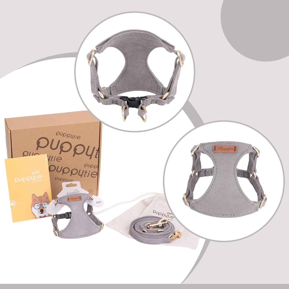 Puppytie No Pull xs Dog Harness with Multifunction Dog Leash,Soft Adjustable No Choke Escape Proof Pet Harness Vest,Silver Grey,XS