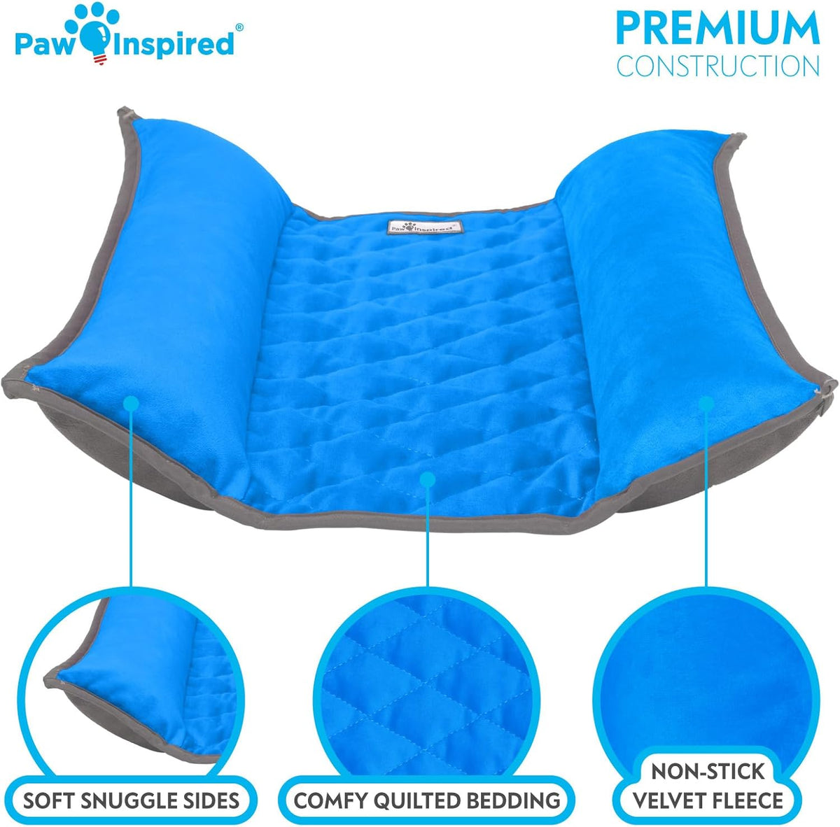 Paw Inspired Snuggle Bunny Bolster Bed for Rabbits, Cats, Dogs and Other Small Pets, Reversible Fleece Flop Bedding with Padded Sides (Gray/Blue)