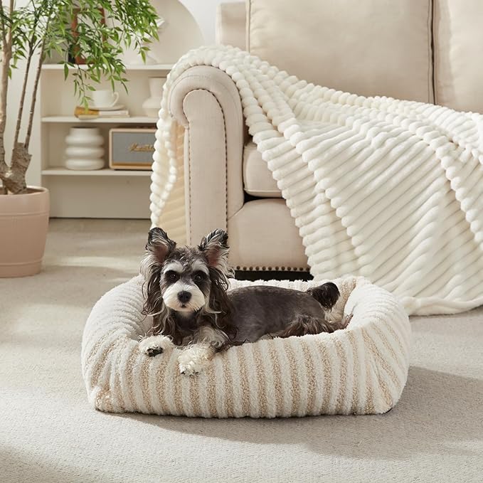 MIXJOY Dog Bed for Medium Sized Dogs, Washable Medium Dog Beds with Removable Cover, Rectangle Pet Beds with Non-Slip Bottom, Warming Calming Dogs Cuddler, 25"x21"x7", White