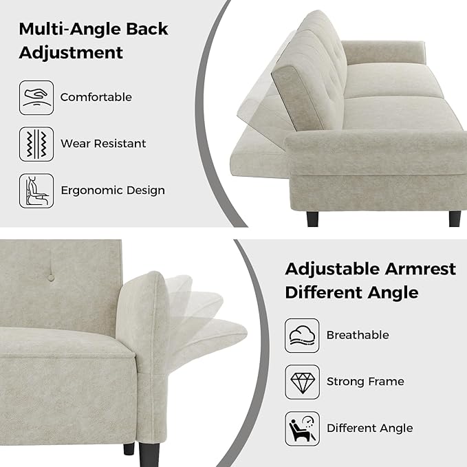 89” Futon Sofa Bed, Comfy Futon Couch Bed with 2 Square Pillows,Convertible Sleeper Sofa with Adjustable Backrest& Armrests, Modern Loveseat Sleeper for Living Room,Velvet Fabric White