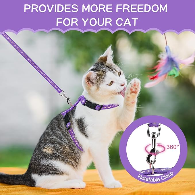 PAWCHIE Cat Harness with Leash and Collar Set - Escape Proof Adjustable H-shped Cat Harness with Star and Moon Pattern Glow in The Dark for Kitty Outdoor Walking, Purple M