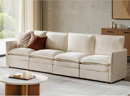 HULALA HOME 128'' Oversized Modular Sectional Sofa with Dual-Layered Cushions, 4 Seater Sofa with Storage Ottoman and Removable Cover, Modern Deep Seat Cloud Couch for Living Room, Beige
