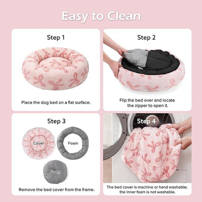 JOEJOY Jacquard Donut Round Dog Beds Medium Sized Dog,Pink 30x30x8in, Removable Washable Cover, Cute Pattern, Ultra Soft Fluffy Calming Pet Bed with Thick Supportive Bolster