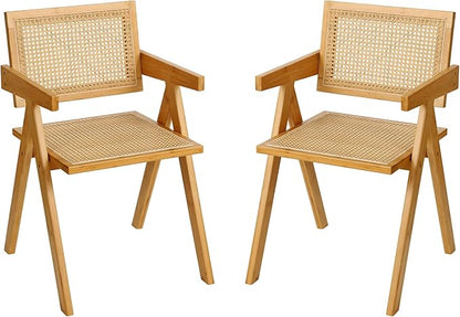 Furlide Rattan Dining Chairs Set of 2, Modern Mid Century Accent Chairs, Comfy Armchairs, Outdoor Rattan Chairs with Armrest for Bedroom Living Room Reading Room Dining Kitchen