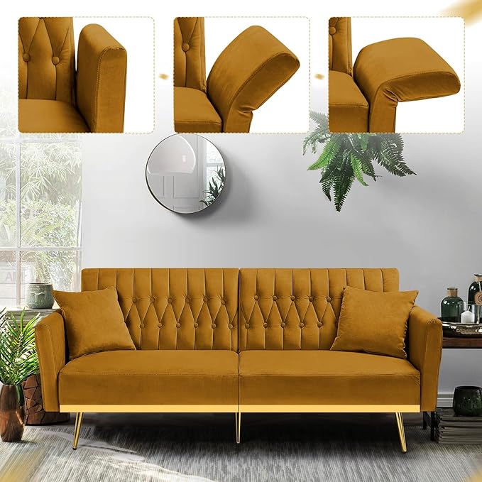 70” Velvet Futon Sofa Bed with 2 Pillows and Adjustable Armrests, Convertible Sleeper Bed W/Adjustable Backrests, Modern Loveseat for Living Room, Bedroom, Ginger