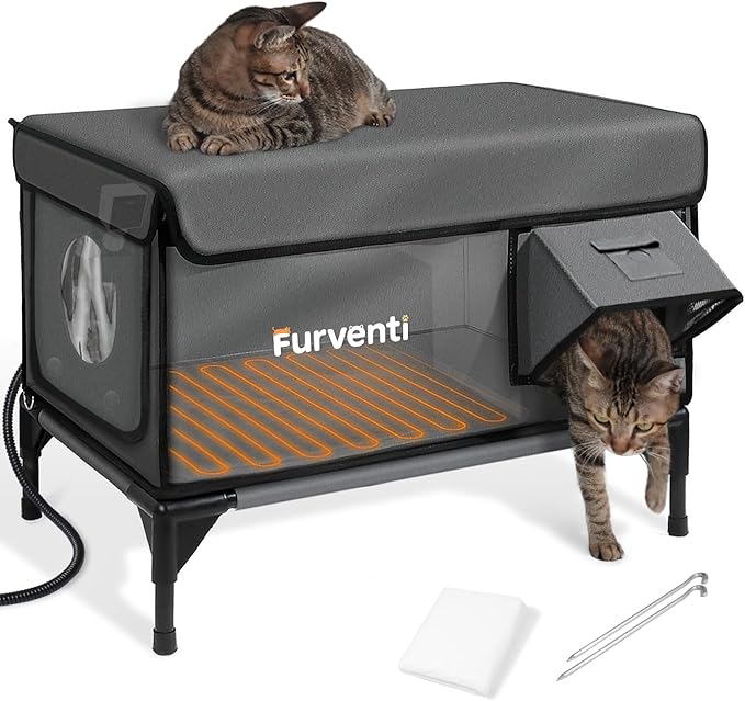 Heated Cat House for Outside,Dual Camera Mounts,100% Weatherproof & Extremely Insulated,Elevated Feral Cat Shelter with Escape Door,Waterproof Eaves for Outdoor Stray Barn Cat(Dark Grey, L with Cam)