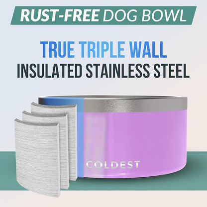 Coldest Dog Bowl - Anti Rust Metal, Non Slip, 3 Layers Insulated Stainless Steel Dog Bowls - Spill Proof & Heavy Duty - Water Bowl for Dogs, Cats, Dish Washer Safe (200 oz, Saturns Purple Glitter)