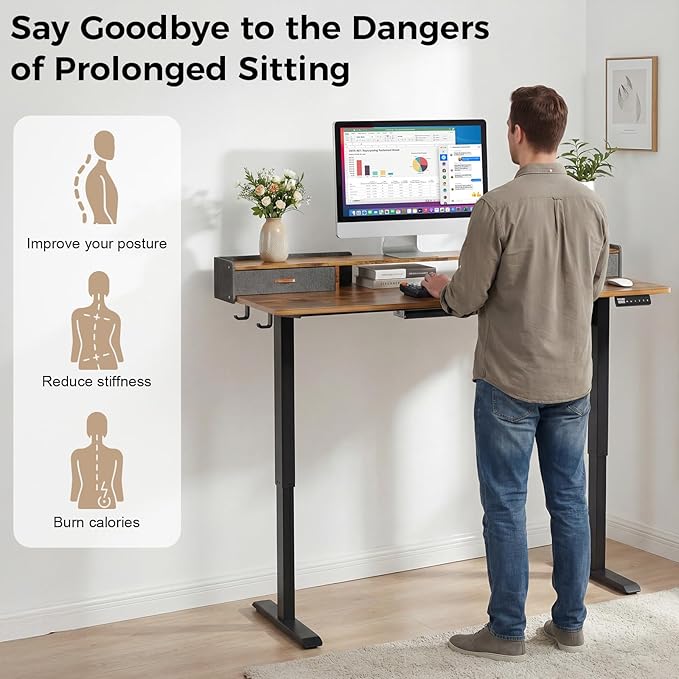 Electric Standing Desk with Drawers, 48 Inch Height Adjustable Desk with Power