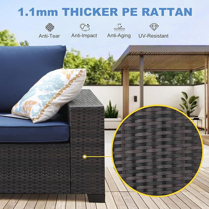 SunloungeCo 6 Pieces Patio Furniture Set, Outdoor Couch Sofa with Wider Armrests & Glass Coffee Table, Outdoor Sectional Furniture with Thick Cushions for Party, Poolside,Garden-Navy