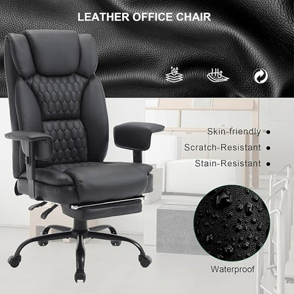 Reclining Office Chair with Footrest, 400Lb Big and Tall Office Chair with Lumbar Support, Pu Leather Recliner Office Desk Chairs with Wheels High Back Ergonomic Computer Desk Chair for Adult,Black