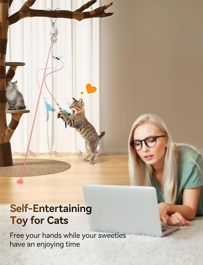 FEELNEEDY Laser Cat Toys for Indoor Cats, Interactive Cat Toy LED Light Hanging, Cats Wand Toy Feather, Feather & Mouse for Bored Adult Kitten Exercise, White