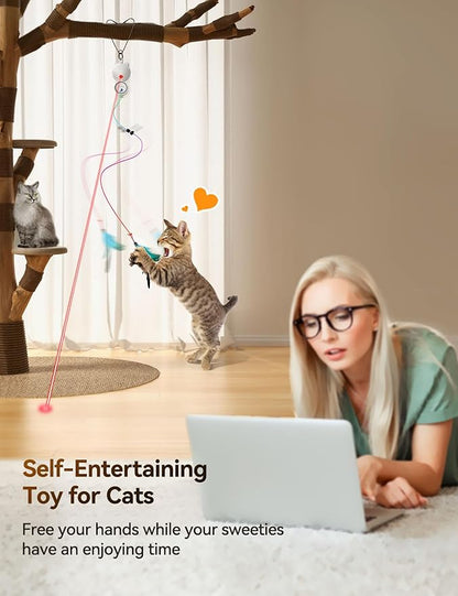 FEELNEEDY Laser Cat Toys for Indoor Cats, Interactive Cat Toy LED Light Hanging, Cats Wand Toy Feather, Feather & Mouse for Bored Adult Kitten Exercise, White