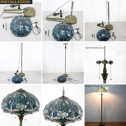 WERFACTORY Tiffany Floor Lamp Red Amber Tulip Flower Stained Glass Standing Reading Light 16X16X64 Inches Antique Pole Corner Lamp Decor Bedroom Living Room Home Office S030 Series