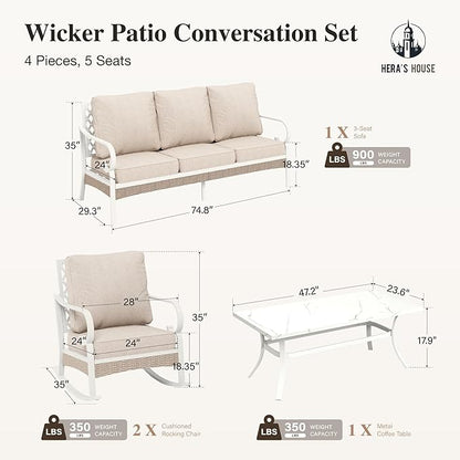 HERA'S HOUSE 4-Piece Patio Furniture Set with Metal & Rattan Design, Includes 2 Rocking Chairs, 3-Seat Sofa & Marble Coffee Table, All-Weather Outdoor Conversation Set for Garden Backyard, Beige